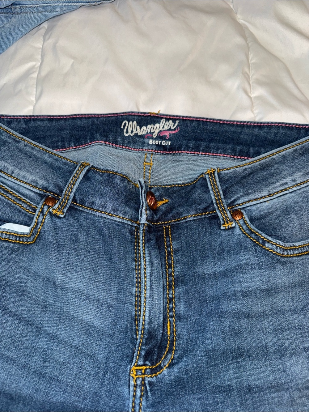 Wrangler Blue Denim Jeans with Pink and Gold Stitching